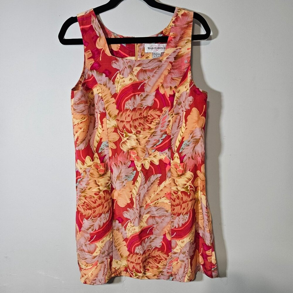 Vintage Marguerite Li Red‎ & Orange Tropical Print Sleeveless Silk Dress Size M